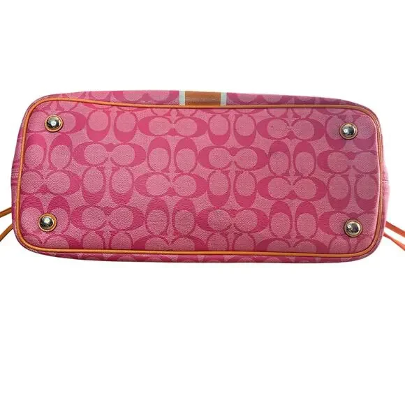 Coach Pink Signature Stripe Tote Bag Orange Trim Leather Handbag - Picture 5 of 14